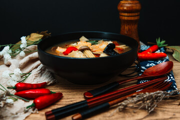 Closeup mix seafood soup pot