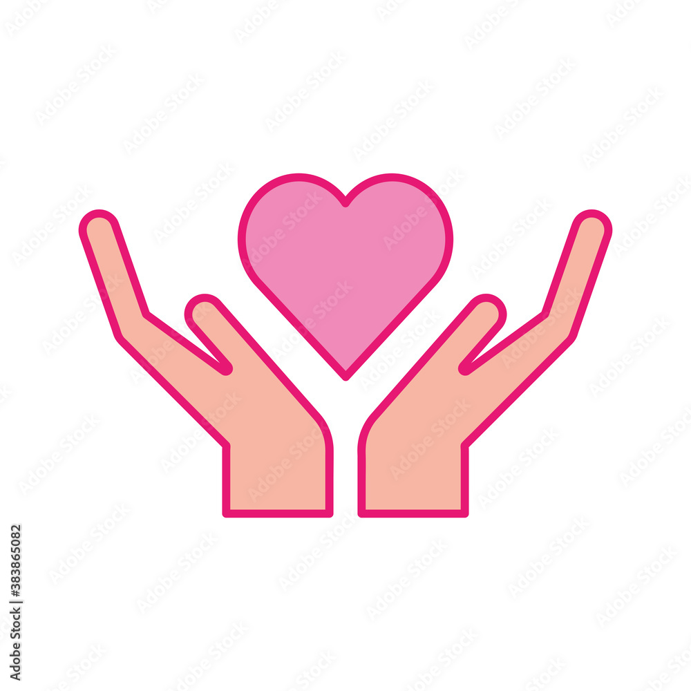 Poster heart over hands line and fill style icon vector design
