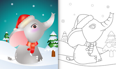 coloring book with a cute elephant christmas characters with using santa hat and scarf
