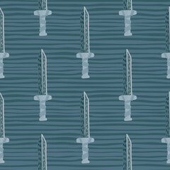 Battle seamless ancient pattern with sword doodle ornament. War backdrop with striped background in blue tones.