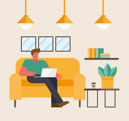 Man with laptop working on couch from home vector design