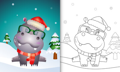 coloring book with a cute hippo christmas characters with using santa hat and scarf