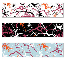 Set of bookmarks with abstract chaotic background. Panel with multicolored blots, spiders and branches. Vector illustration.