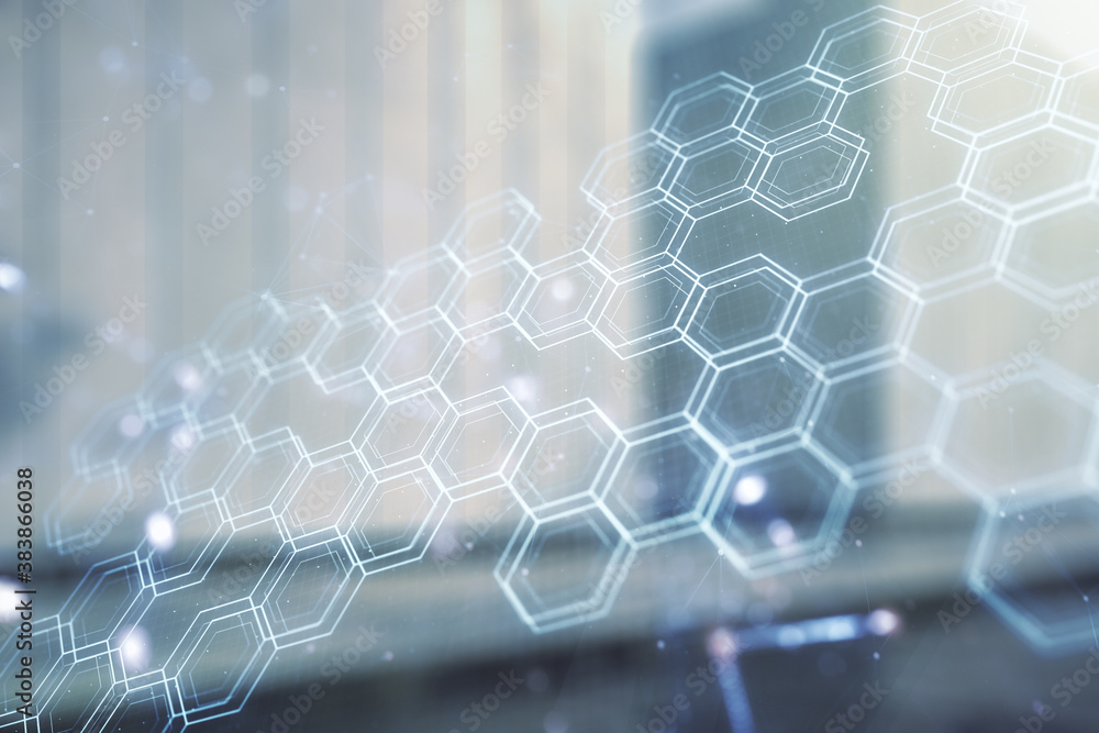 Poster abstract virtual wireless technology hologram with hexagon on blurry modern office building backgrou