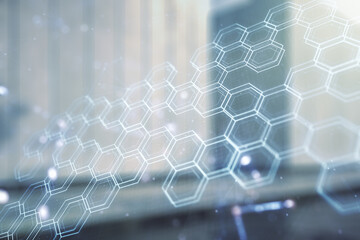 Abstract virtual wireless technology hologram with hexagon on blurry modern office building background. Big data and database concept. Multiexposure