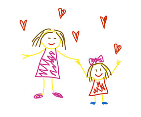 Happy mom and her daughter. Children's drawing. Vector illustration.