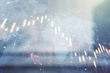 Double exposure of abstract creative financial chart hologram and world map on modern business center exterior background, research and strategy concept