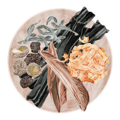 木皿に乗せた和風出汁の材料イラスト