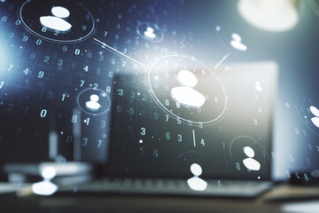 Social network media concept with modern computer on background. Double exposure