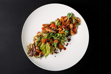 Salad with meat on black background for menu.