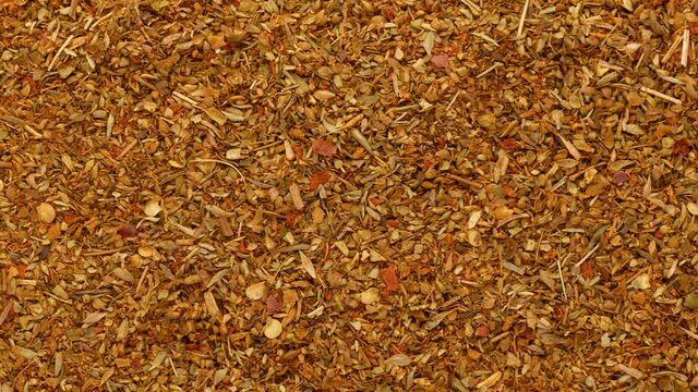 Aromatic spice, dolly shot. Spice to meat.