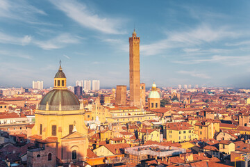 Bologna, cityscape at sunset from high point of view. Emilia Romagna
