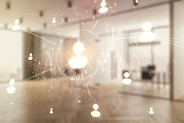 Double exposure of social network icons hologram on a modern furnished office interior background. Networking concept
