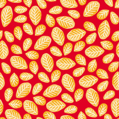 Abstract floral seamless pattern with hand drawn yellow leaves on a red background. Cute artistic texture, autumn background for fabric print, wallpaper, wedding invitations, cards, gift wrap.