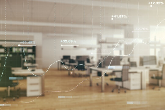 Multi exposure of abstract statistics data hologram interface on a modern furnished office interior background, computing and analytics concept - Powered by Adobe