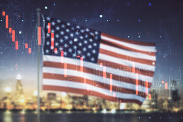 Economic crisis chart and world map hologram on USA flag and blurry skyscrapers background, bankruptcy and recession concept. Multiexposure