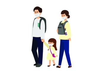 マスクをしておでかけする4人家族