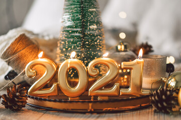 Happy New Years 2021. Christmas background with fir tree, cones and Christmas decorations. Christmas holiday celebration. New Year concept.