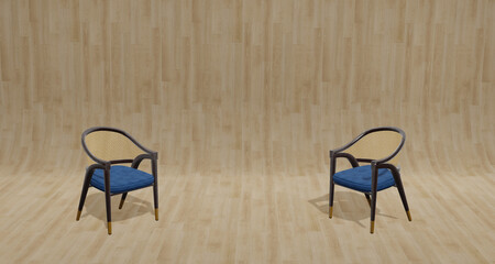 3d illustration Vintage style wooden chair on parquet floor And light wood grain wall For design work