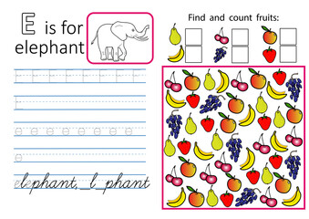 Alphabet tracing worksheet for preschool and kindergarten. Writing practice letter E and educational game for children. Printable page A4