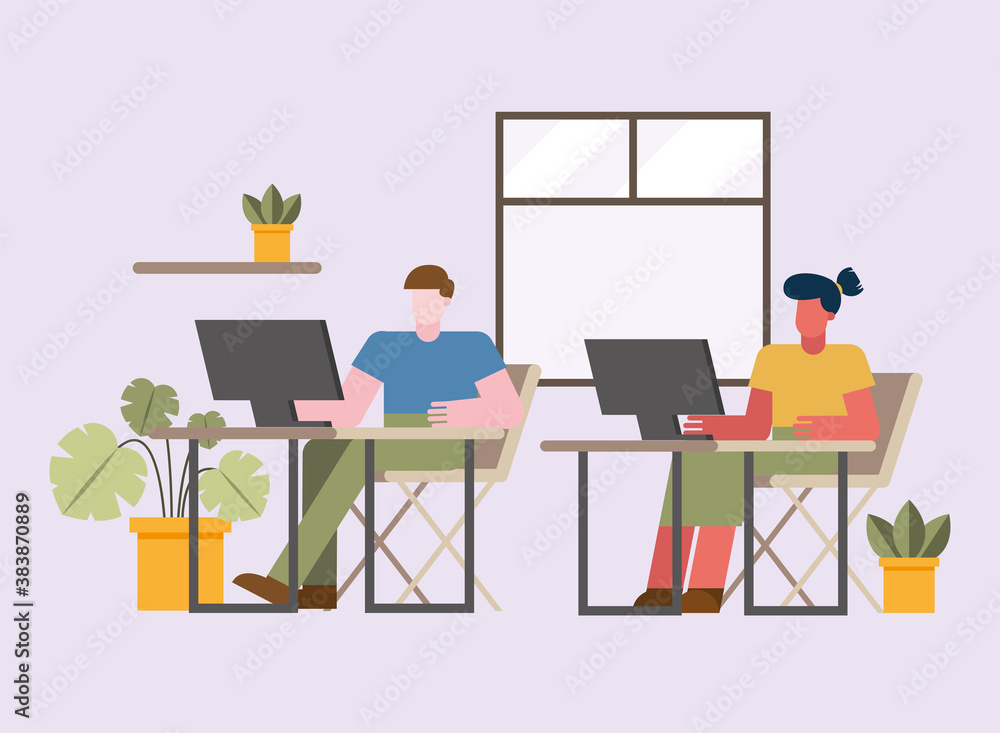 Poster man and woman with computer working at desk from home vector design