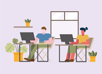 Man and woman with computer working at desk from home vector design