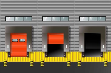 Large distribution warehouse with gates for loading goods. Door opening concept.