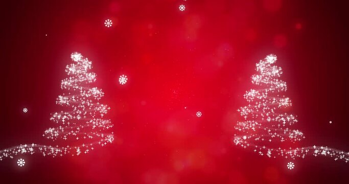 Snowflakes falling on glowing Christmas trees against red background