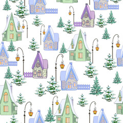 Winter Christmas village. Decorative vector illustration of nature, village, houses, trees. Drawings for poster, background or postcard.