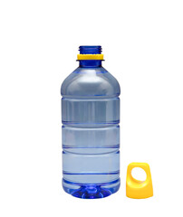 Transparent blue plastic bottle with a yellow lid on a white background