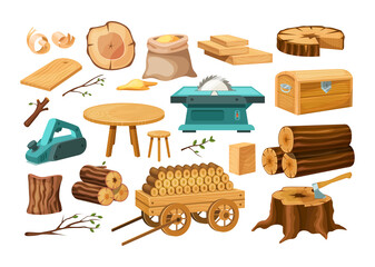 Wood industry material tools and products, tree trunks, bark, wood kitchen utensils, branches, planks, wooden furniture, chest, shavings. Logs, boards for the forest lumber industry set vector - obrazy, fototapety, plakaty