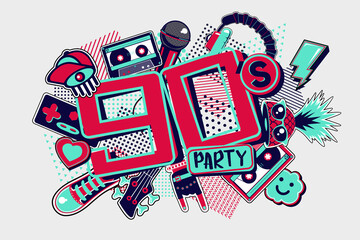 90s style party backgrounds. Vintage music posters. Funky disco design template. Horizontal vector illustration.