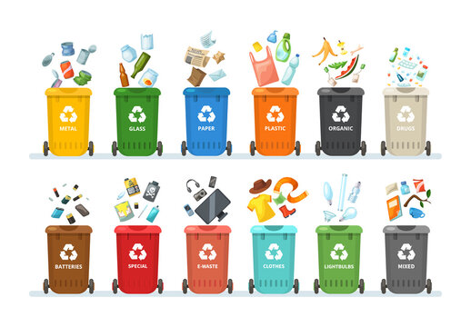 Trash in garbage cans with sorted garbage for organic, paper, plastic, glass, metal, tablets, batteries. Separation of garbage into different containers. Recycling sorting, waste collection
