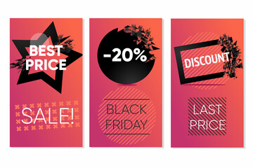 Sale banners set. Discounts backgrounds, abstract geometric shapes. Black friday label. Vector tag collection.