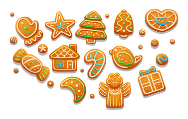 Gingerbread holidays cookies font alphabet. Christmas or New Year winter food with glazed sugar. Gingerbread cookies in shape of tree, house, lollipop, bell, heart, gift box, bird, candy, angel