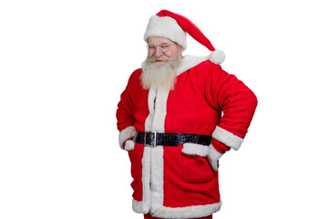 Smiling Santa Claus on white background. Happy Santa Claus with real beard and hands on belt standing on white background. Studio shot of realistic positive Santa Claus.