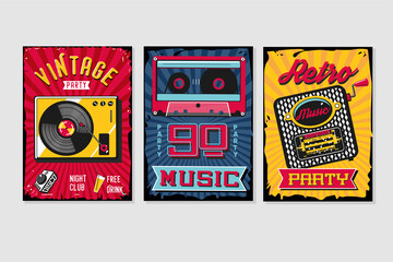 Vintage backgrounds collection. Music poster sets. Retro party template. Vector graphic design pack.