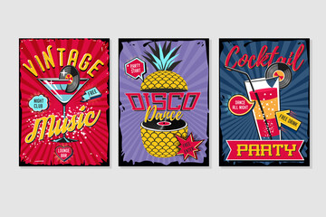 Retro party template. Music poster sets. Vintage backgrounds collection. Vector graphic design pack.