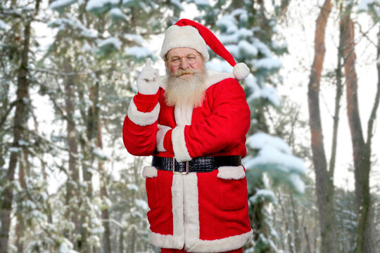 Santa Claus raised index finger upwards. Concentrated Santa Claus pointing with index finger upwards. Old realistic Santa Claus having an idea on snowy nature background.