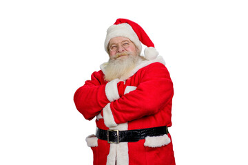 Happy Santa Claus with crossed arms. Senior man in costume of Santa Claus folded arms standing on white background, studio shot.