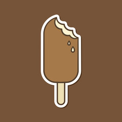 Chocolate and vanilla popsicle ice cream with bite, patch and sticker design. Simple flat cute vector icon illustration.