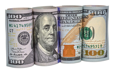 New design Hundred US Dollar bills rolled to form whole bill isolated on white background.