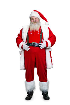 Realistic Santa Claud with hands on belly. Happy smiling Santa Claus holding hands on belt, isolated on white background. Santa Claus, studio shot.