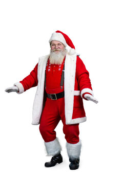 Santa Claus dancing, white background. Cheerful Santa Claus dancing isolated on white background. Senior Santa Claus having fun.