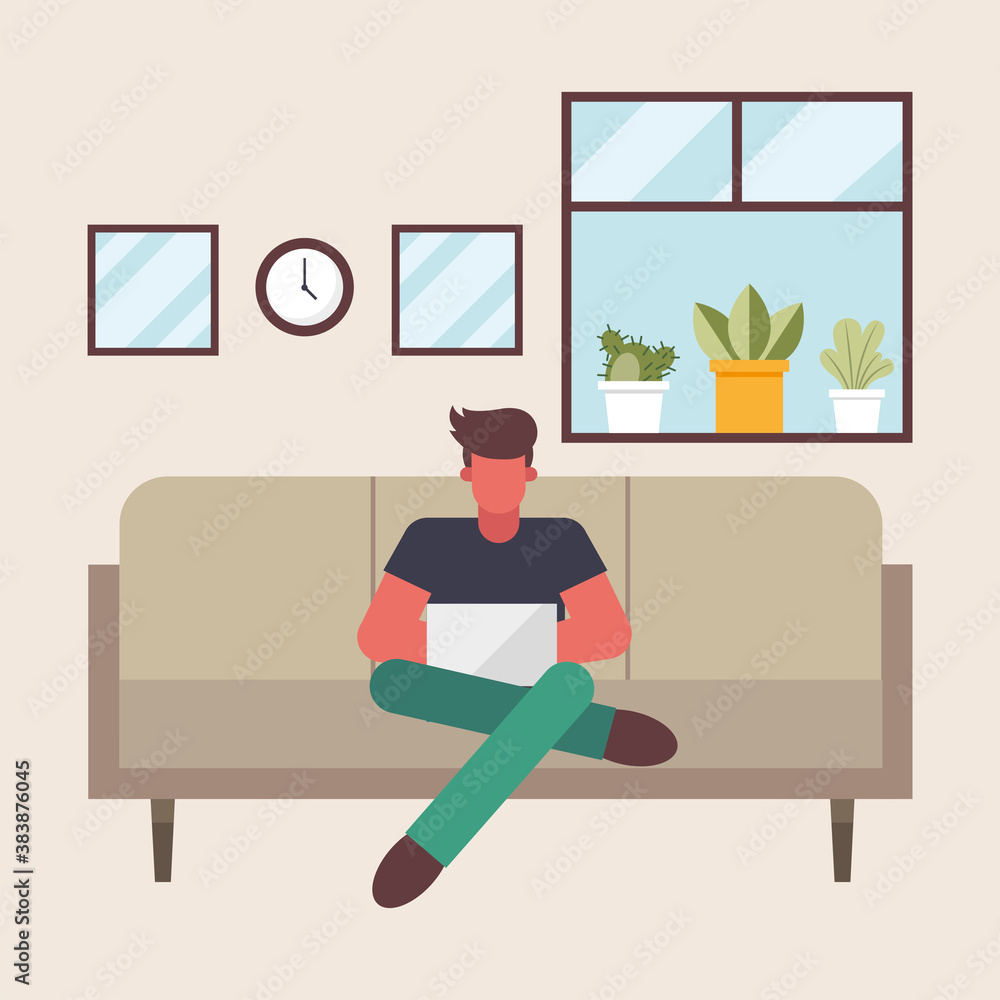Poster man with laptop working on couch from home vector design