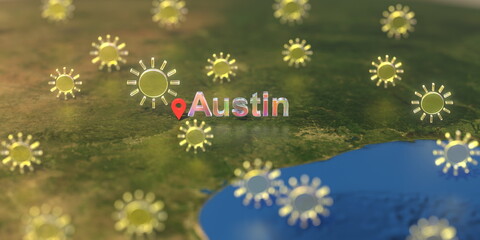 Sunny weather icons near Austin city on the map, weather forecast related 3D rendering