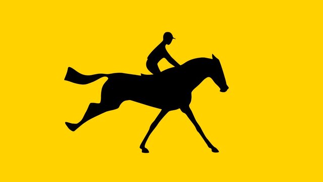 Silhouette of a jockey on galloping race horse, animation on the yellow background