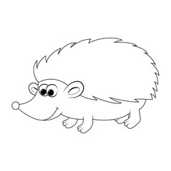 Hedgehog outline isolated on white. Contour autumnal shape for kids. Vector smiling animal for autumn design.  Cartoon happy pet illustration. Funny mammal mascot with sharp spikes.