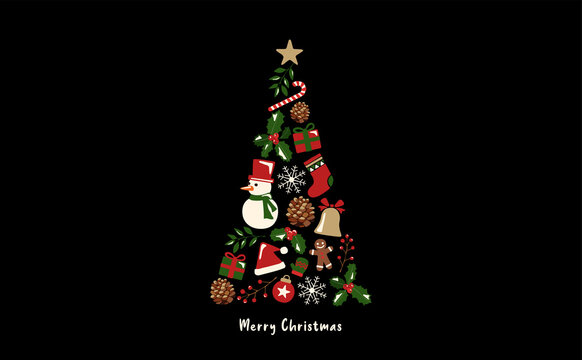 Ornate christmas tree filled with christmas icons vector Black
