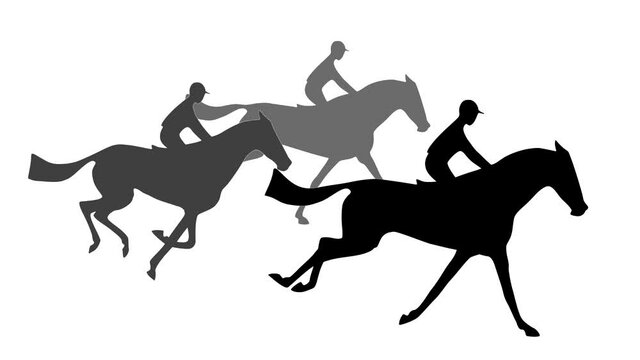 Silhouettes of three jockeys on galloping race horses, animation on the white background